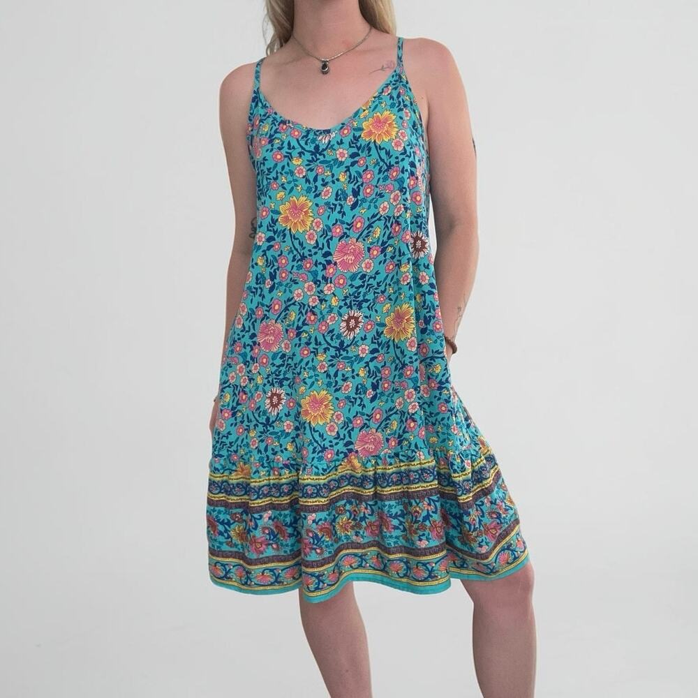 Qearal Blue Boho Floral Print Mini Dress